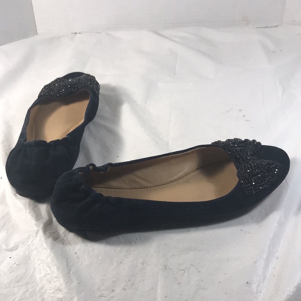 Tory Burch Women's Black Suede With Black Crystal Bows Slip On Ballet Flats - Picture 7 of 9